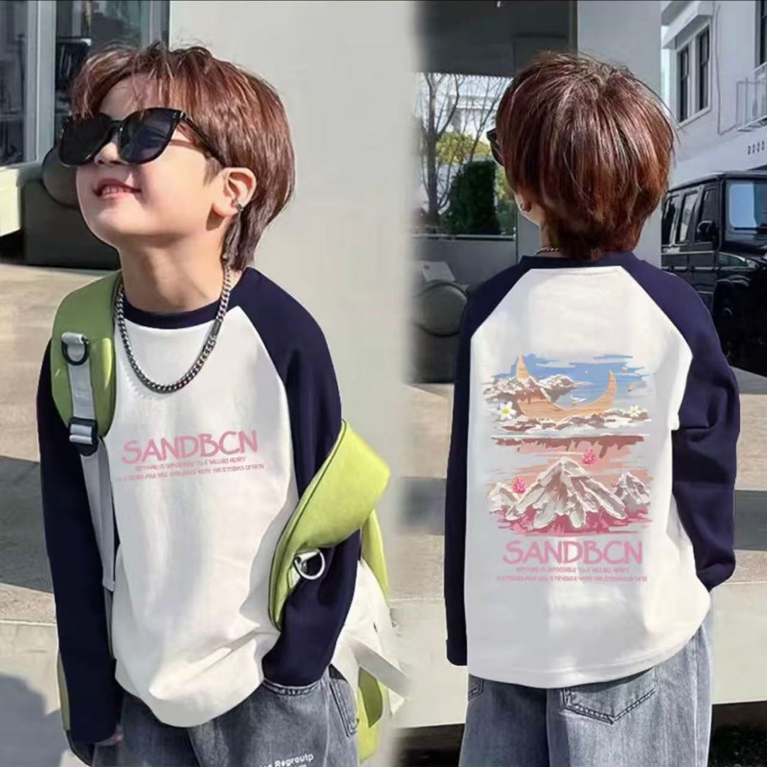 CE26090506 100%純棉男童插肩袖長袖T2026春秋時尚中大童剪裁撞色圓領打底衫