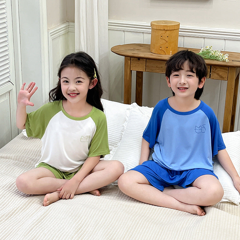 CK26050521莫代爾兒童睡衣夏季薄款男童短袖短褲冰絲女童家居服中大童空調服(9-12天到貨)