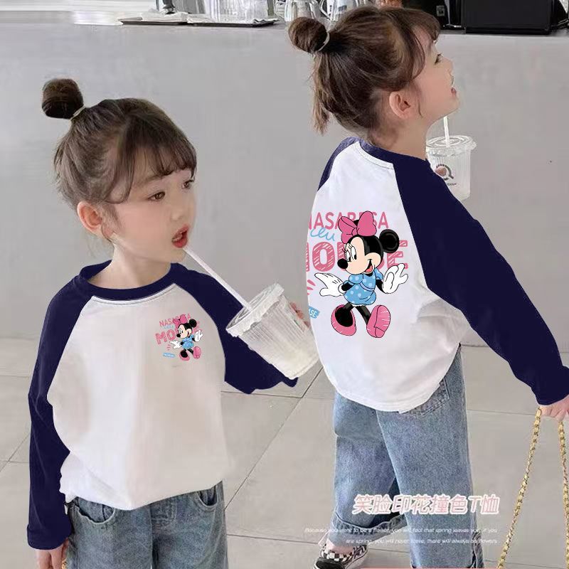 CE25091901女童長袖t卹春秋裝新款兒童撞色卡通洋氣女孩中大童打底上衣