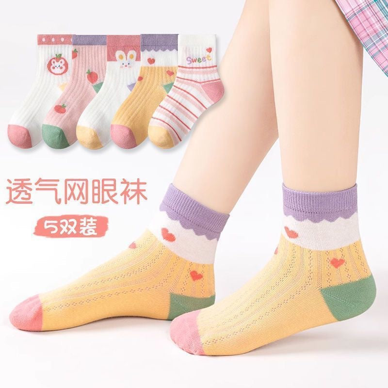 SB26080704女童襪子夏季薄款網眼襪秋冬款寶寶女孩中筒短褲女童系運動兒童襪(一組5雙)