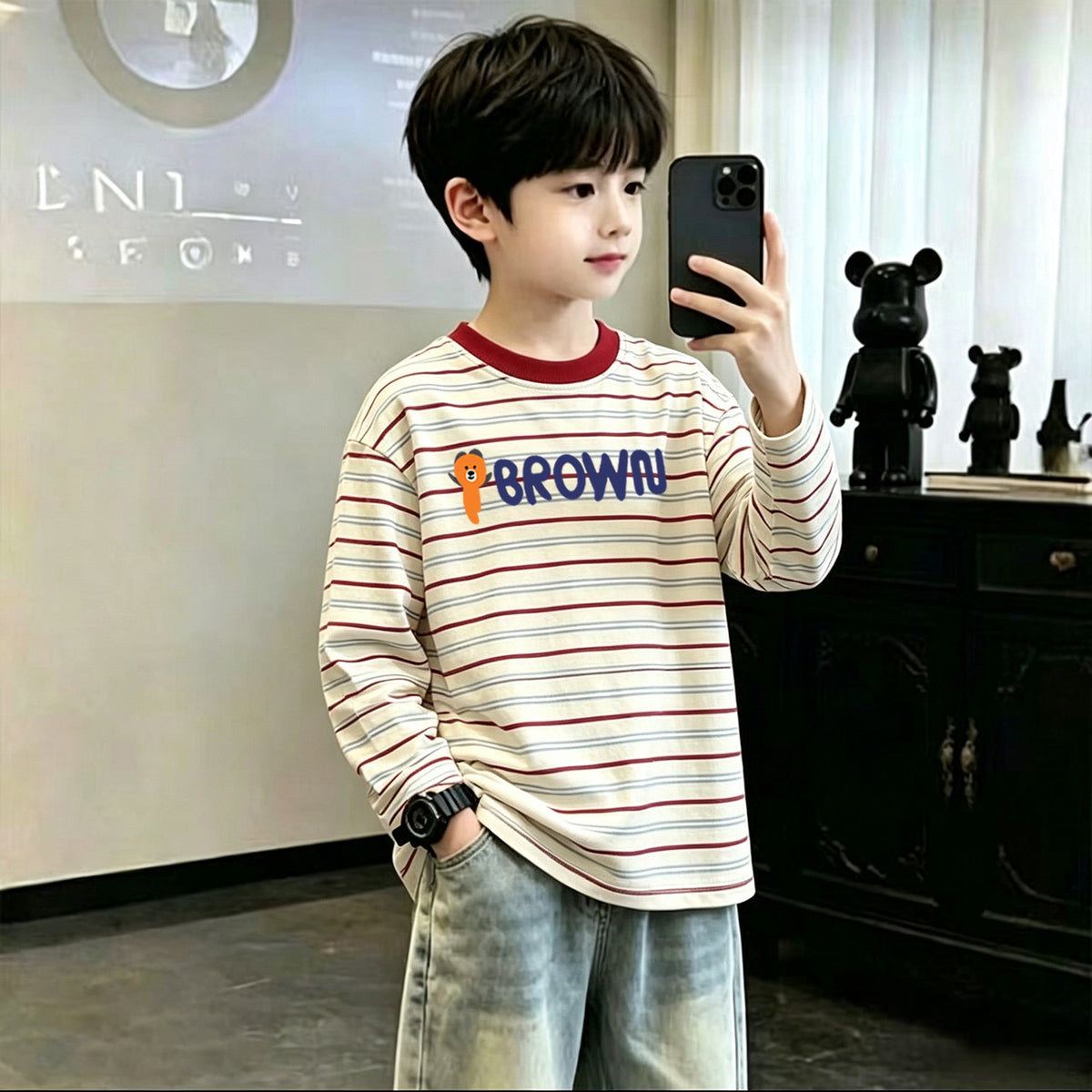 CE26090501男童條紋T恤新款純棉童裝中大中大童春秋季長袖打底男孩兒童上衣
