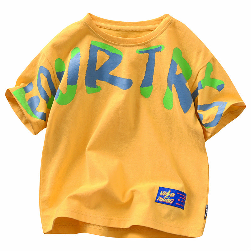 FB24070107男童印花短袖T卹2024夏季新款韓版兒童條紋半袖體恤中大童上衣潮