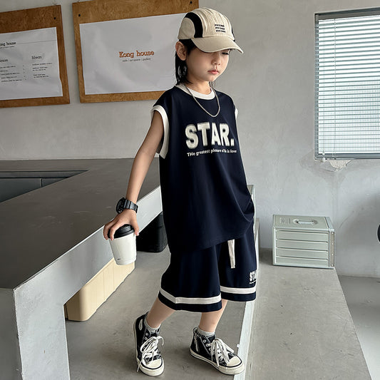 FM26042222男童無袖套裝夏季2026新兒童夏裝背心籃球運動服夏款大童裝男孩