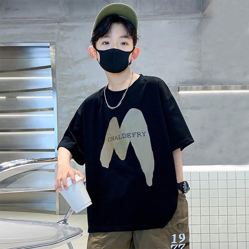 Z25030414男童短袖純棉t恤童趣酷帥新款兒童t卹字母寬鬆圓領上衣夏季童裝