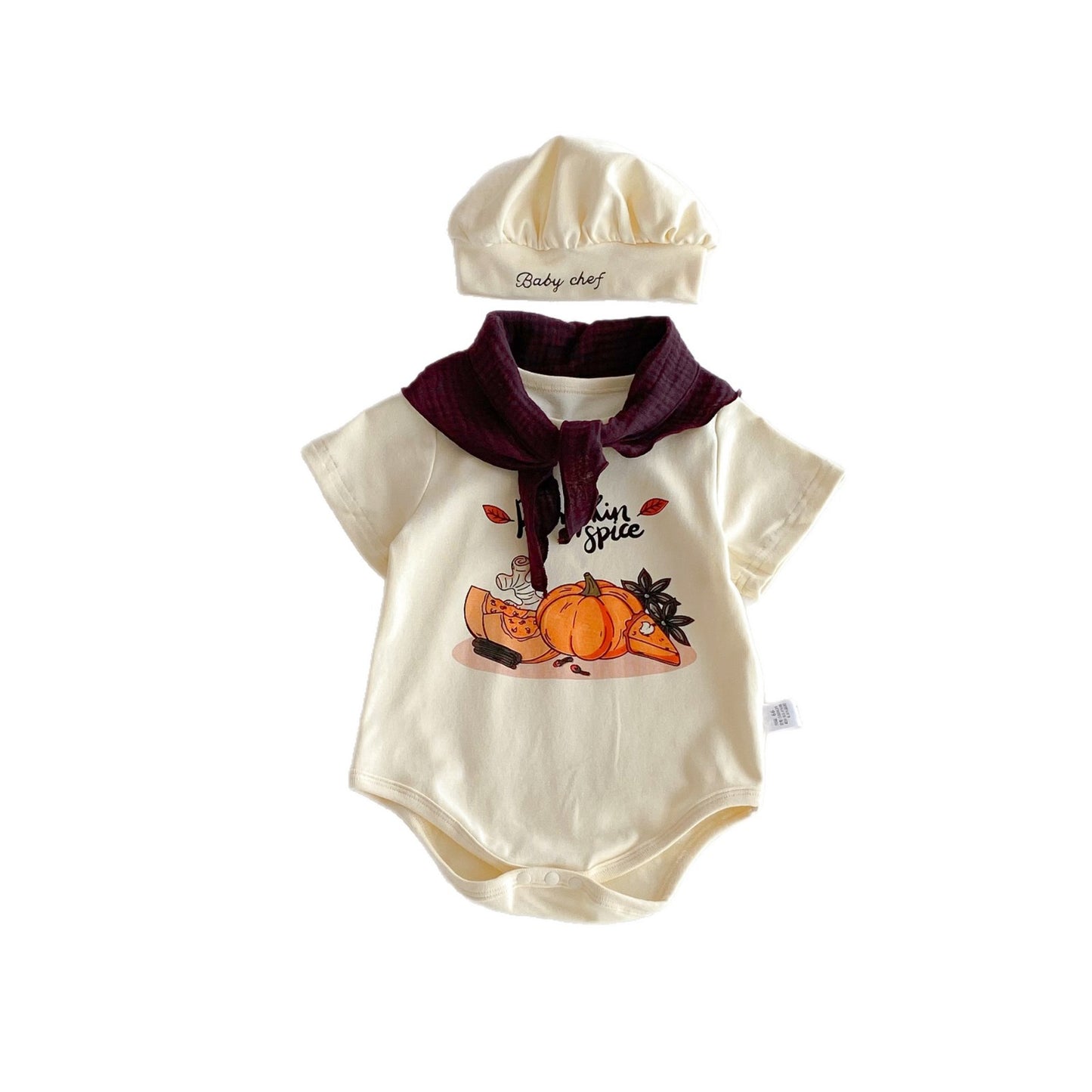 G25091110夏季童裝新款兒童萬聖節童裝歐美可愛短袖南瓜圓領哈衣爬服三件套