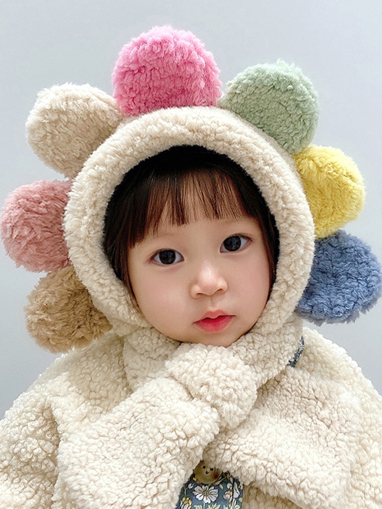 Z23111904帽子圍巾一體兒童秋冬季寶寶可愛超萌女童保暖圍脖大花朵護耳帽