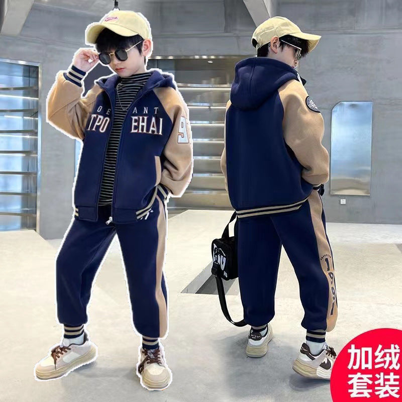 FG25112016兒童裝男童套裝加絨冬季2025新款中大童加厚裙子休閒長褲男孩冬裝