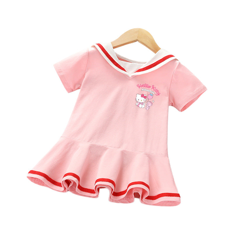 CI26041516女童夏季夏季百褶韓版寶寶洋氣短袖學院風裙海軍風公主裙