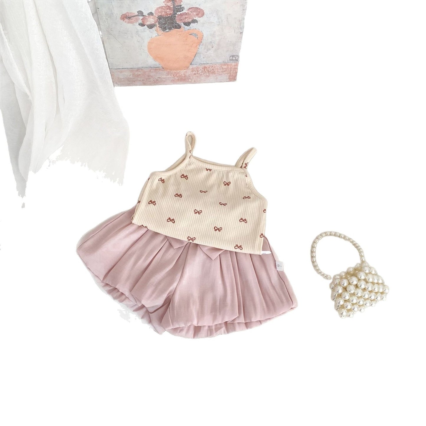 GN26030903ins夏季女童時尚小吊帶兩件洋氣百搭蝴蝶結T恤上衣+花苞短裤(2件起批)GN開頭需下單2款才有出貨,可混搭