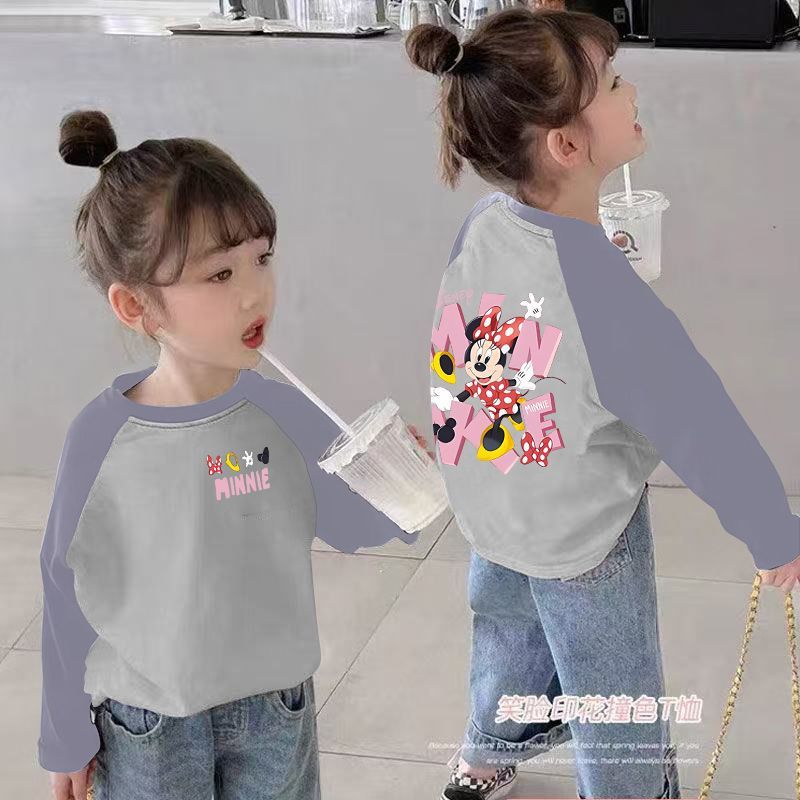 CE25091901女童長袖t卹春秋裝新款兒童撞色卡通洋氣女孩中大童打底上衣