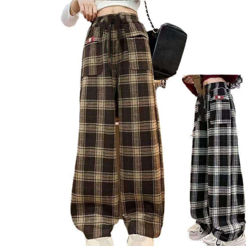 FG25112006女童闊腿褲2025新款高腰休閒兒童直筒褲洋氣女中大童韓版格紋長褲