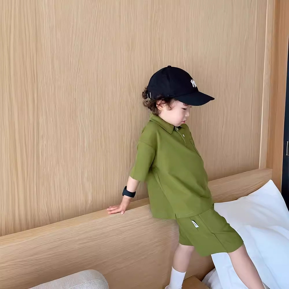 Z25033102兒童POLO領套裝洋氣男童中大童休閒兩件套夏季寬鬆百搭運動套裝