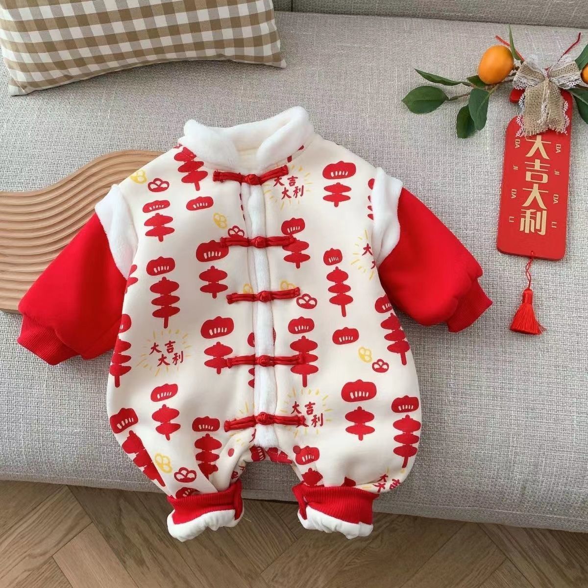 GM26010104嬰兒冬季加厚連身衣服寶寶滿月百天週歲禮服紅色喜慶拜年服棉服秋