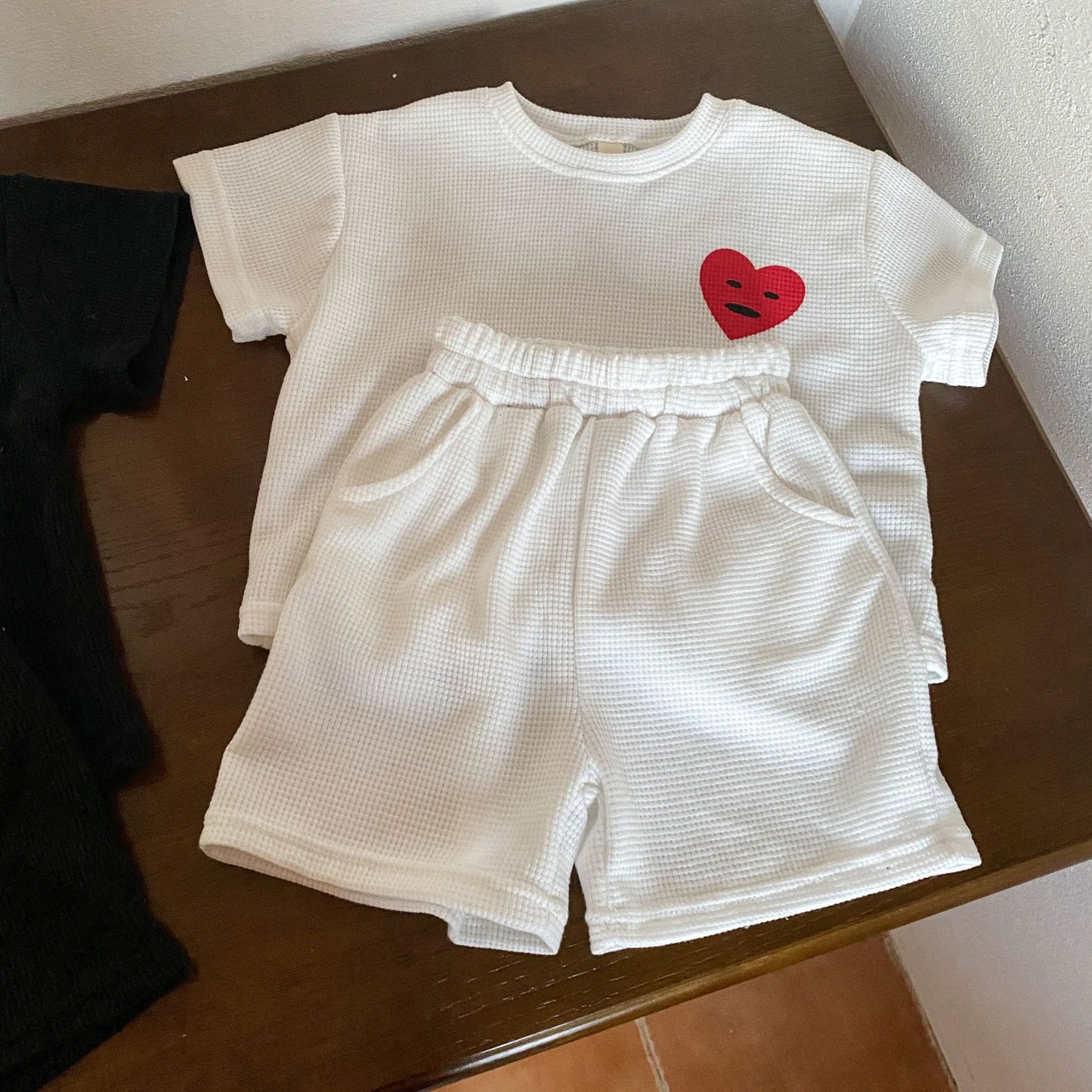 Z25020917兒童運動套裝華夫格夏季男童2025新款女童休閒小寶寶短袖夏裝