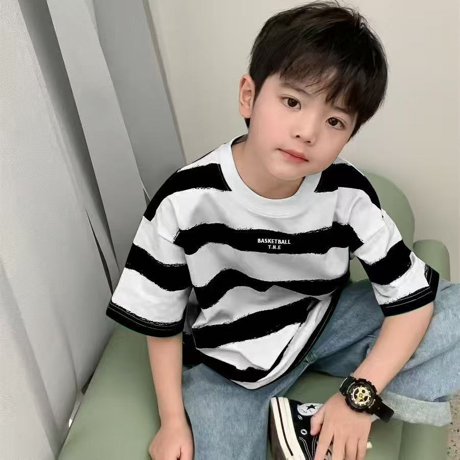 CE26022614兒童T恤男童夏季短袖純棉韓版童裝條紋半袖衫時尚百搭寶寶打底T