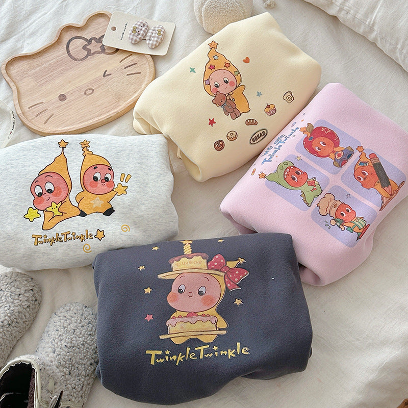 CA25112712韓版童裝2025冬季女孩卡通星星人加絨衛衣兒寶寶保暖長袖T卹