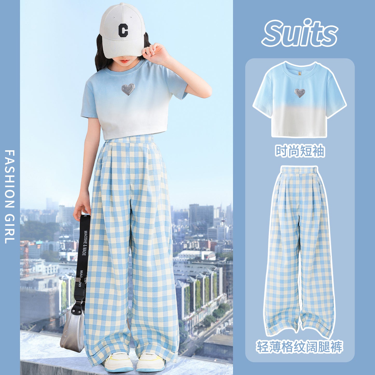 FM26042219多巴胺格子牛仔褲女童夏季2026新款休閒褲寬鬆童裝寬鬆風腿寬褲套裝