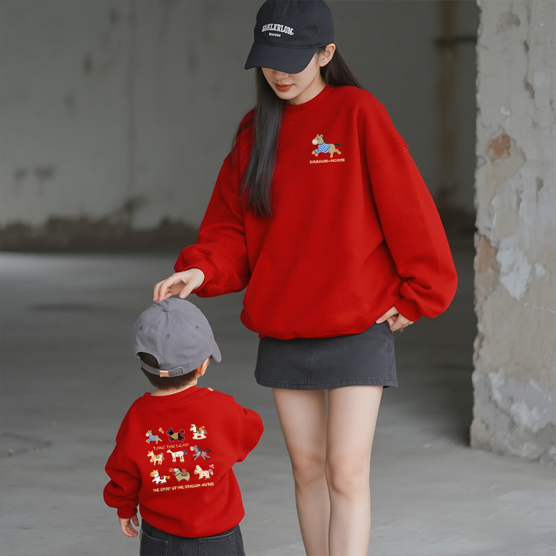 LA26011403秋冬加絨加厚紅色拜年親子裝衛衣一家三口四口母女全家裝