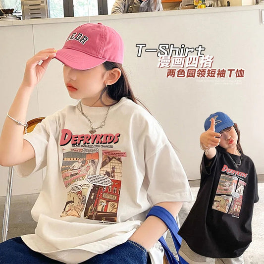 Z25030426女童短袖純棉洋氣兒童t恤女童夏季寬鬆前後印花短袖上衣童裝潮