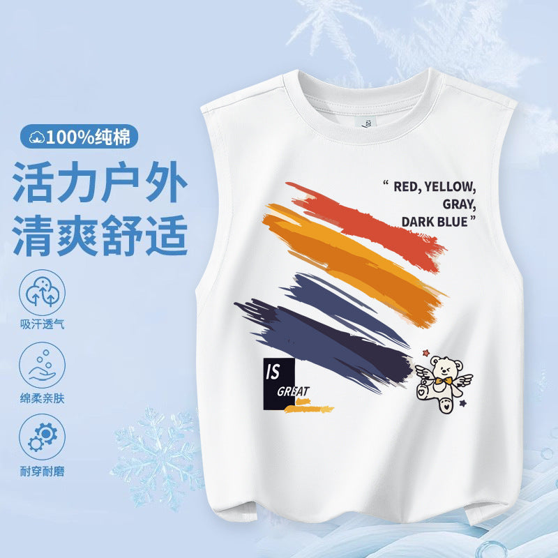 FN26052912男童純棉背心2026圓領套頭衫卡通印花夏季寬鬆兒童無袖上衣
