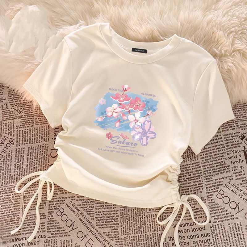 CE26022610全新中式女童純色短上衣夏季兒童洋氣薄半袖中大童抽繩設計短袖