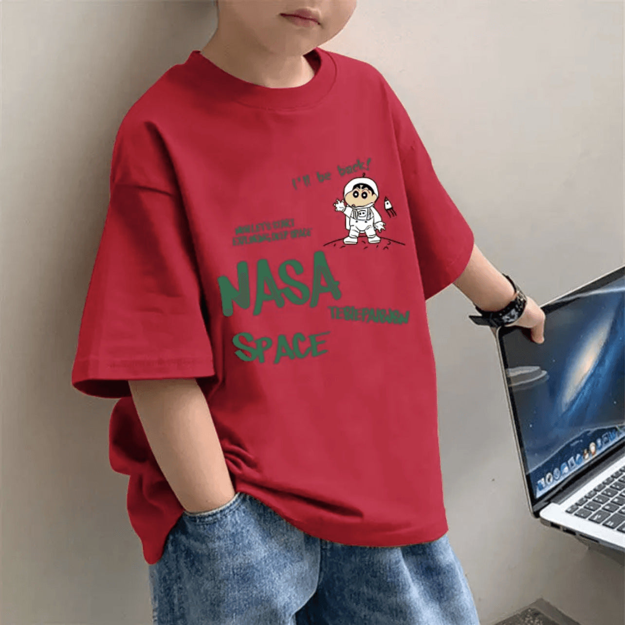 CE26022613兒童洋氣短袖T恤打底衫夏季時尚韓版男童純棉紅色半袖百搭中大童
