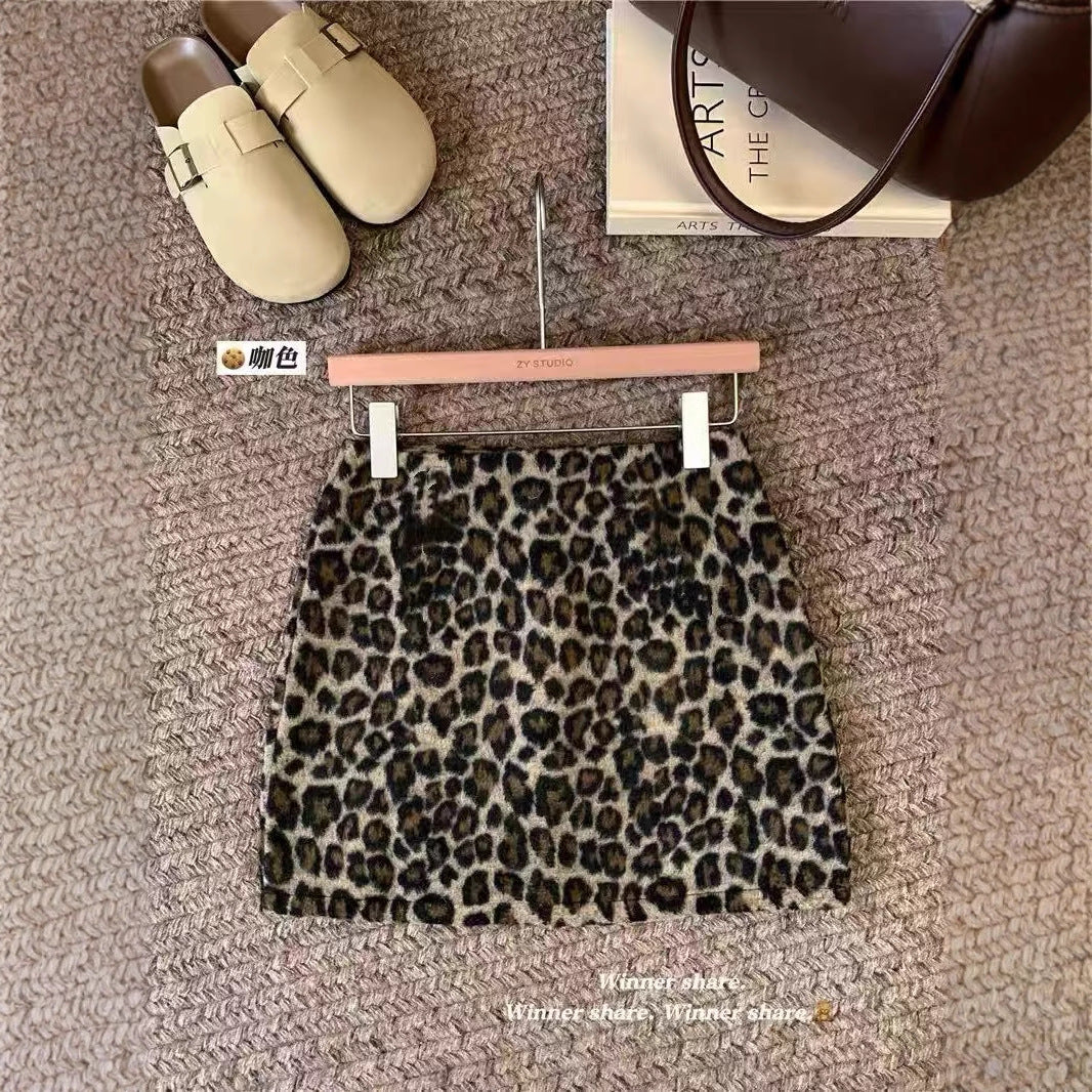 Z26010126女童半身裙2025秋冬新款韓版豹紋毛呢美式復古辣妹高腰短裙