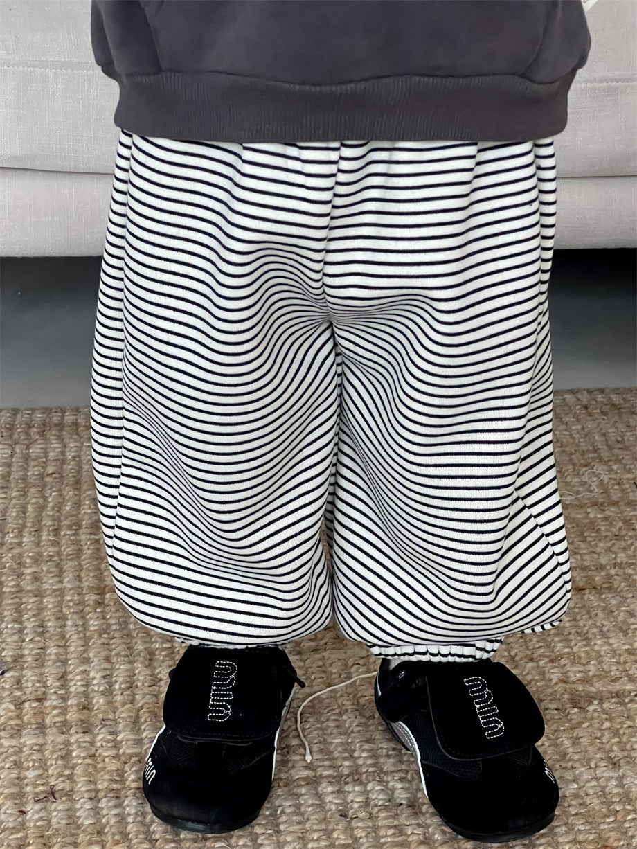 GN26012704寶寶衣服秋冬加厚連帽衛衣套裝韓版童裝男童條紋衛褲加絨兩件套