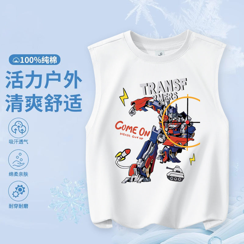 FN26052912男童純棉背心2026圓領套頭衫卡通印花夏季寬鬆兒童無袖上衣