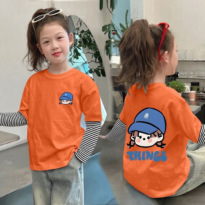 CE25091902女童純棉長袖T恤兒童假兩件條紋上衣春秋裝新款小孩洋氣打底衫