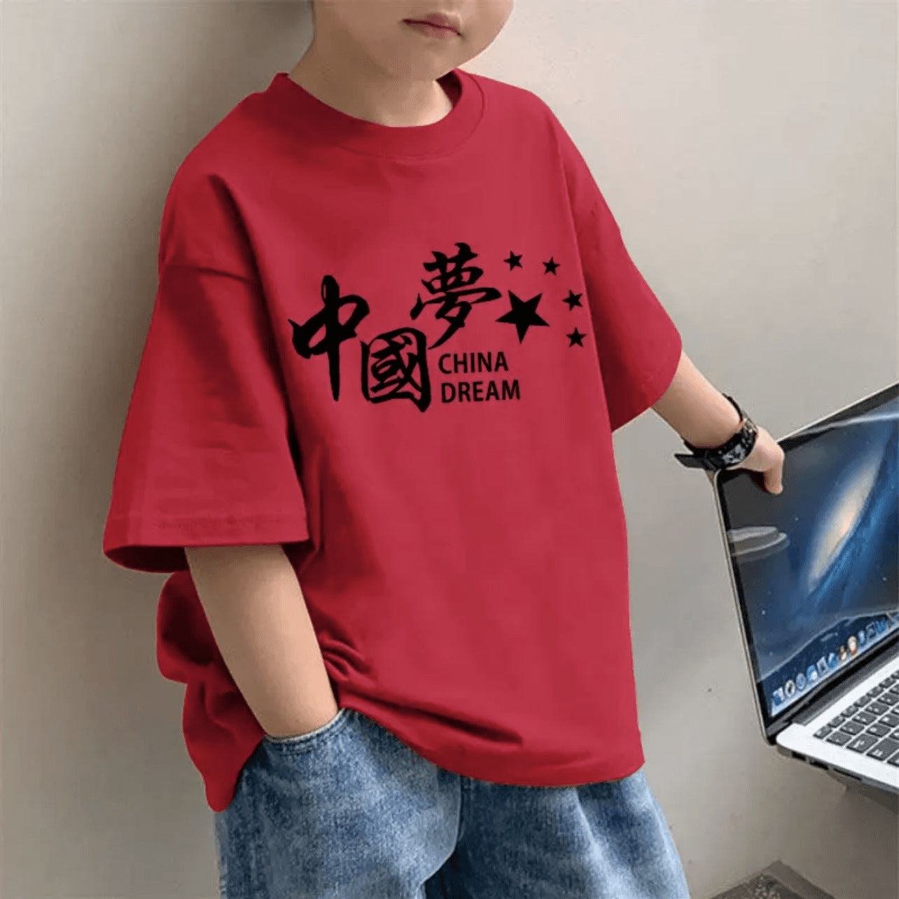 CE26022613兒童洋氣短袖T恤打底衫夏季時尚韓版男童純棉紅色半袖百搭中大童