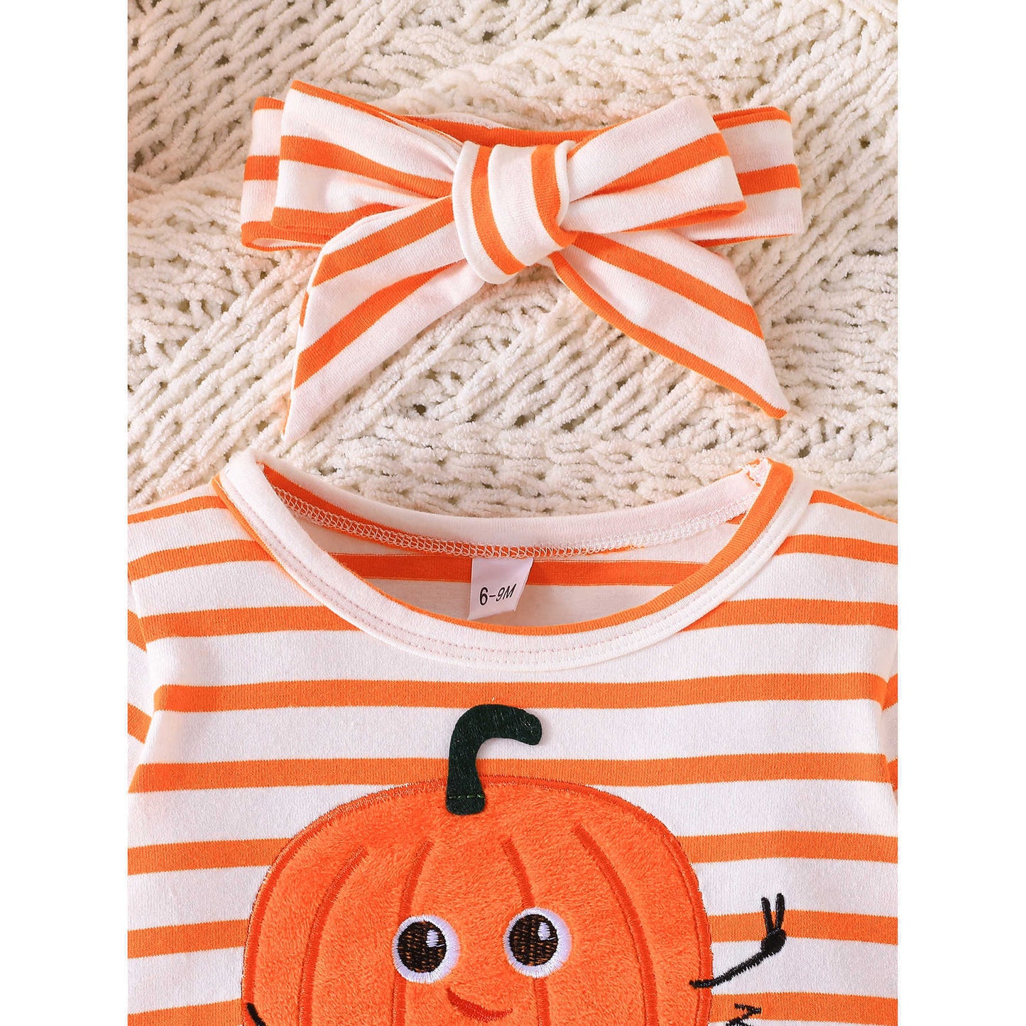 Z25091119跨國電商女嬰萬聖節款卡通南瓜印花橘白條紋長袖網紗