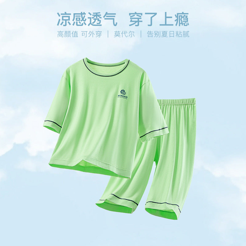 CK26050509兒童睡衣夏季男孩莫代爾五分袖套組大童冰絲空調服女童寶寶家居服(9-12天到貨)