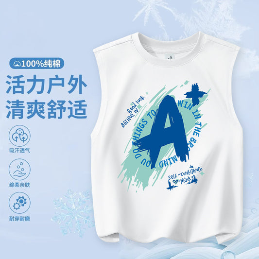 FN26052912男童純棉背心2026圓領套頭衫卡通印花夏季寬鬆兒童無袖上衣