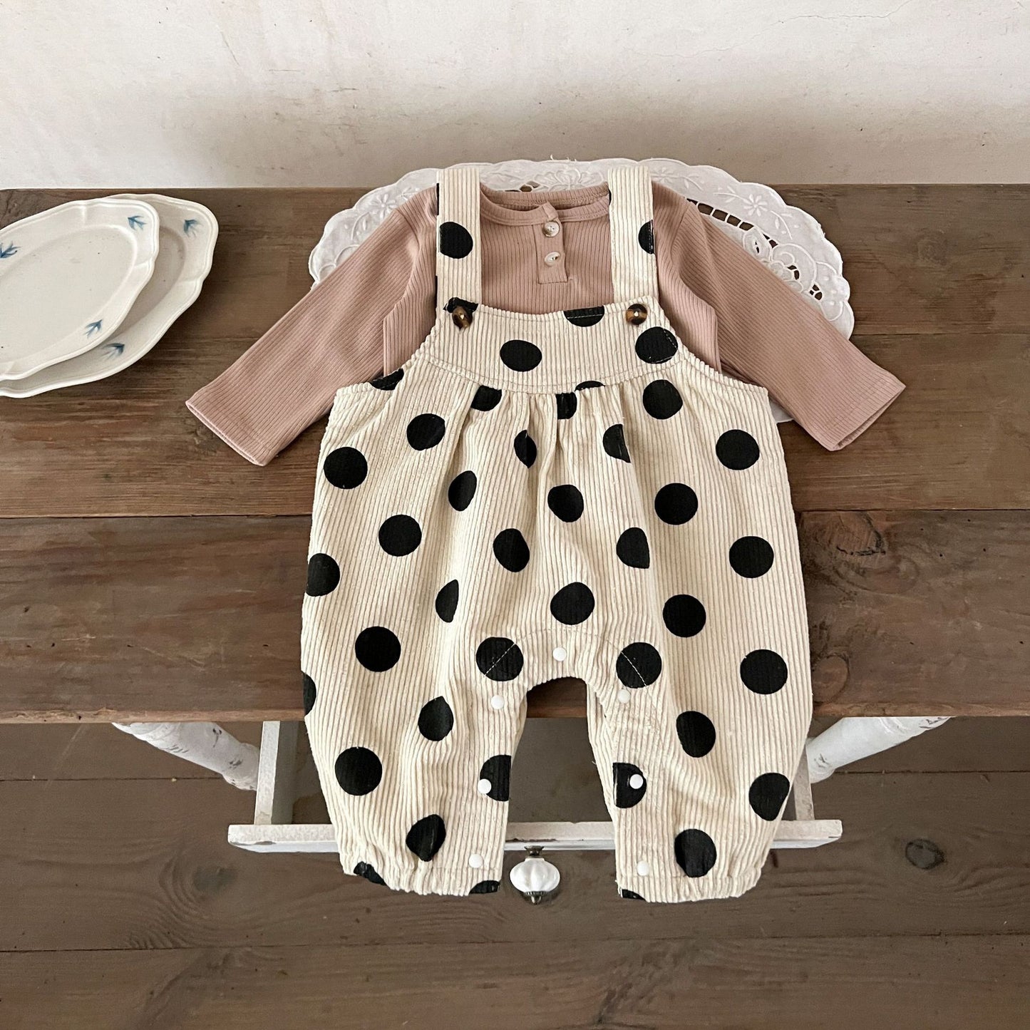 GF25081504  ins韓版女孩寶寶春季秋季純棉坑上衣圓點印花燈芯絨背帶長褲套裝