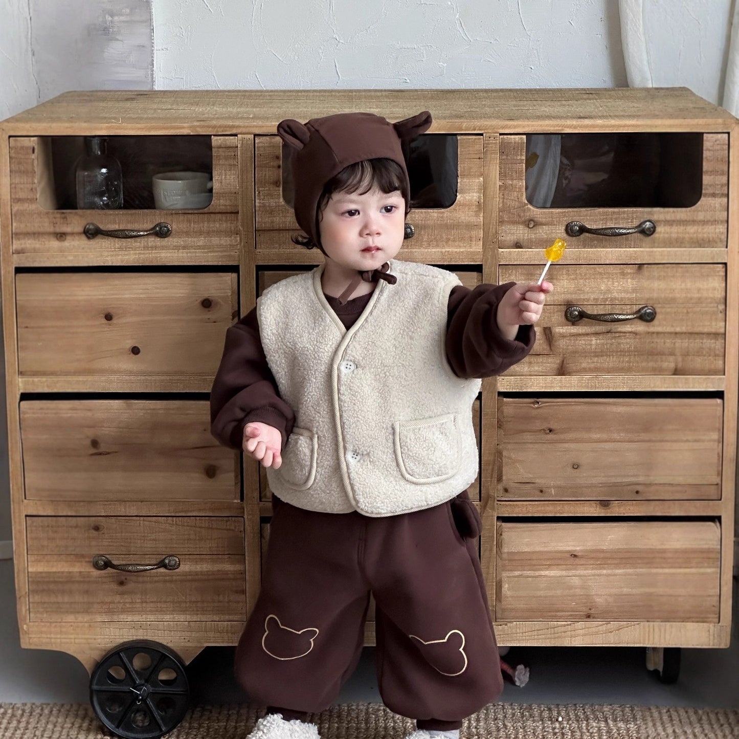 GN26012720兒童服飾2025秋冬新寶寶毛絨馬甲裙韓版童裝男童加厚衛衣套裝