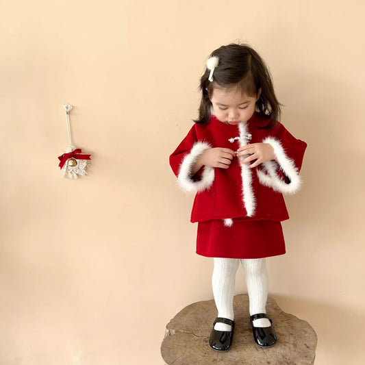 Z24110117女童拜年服冬裝兒童中國風新年冬喜慶寶寶過年衣服毛呢套裙