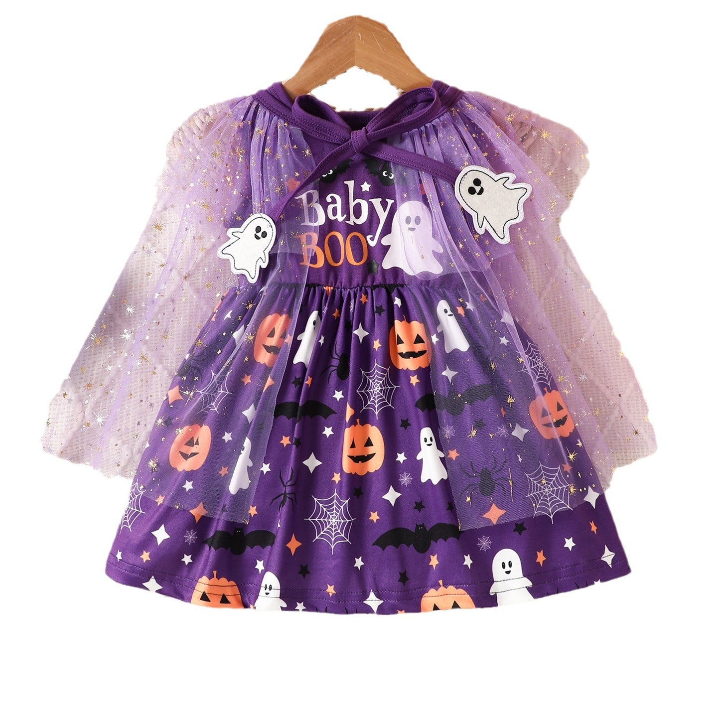 Z25091125萬聖節童裝2025新款女幼童南瓜印花背心裙星星網紗披風套裝