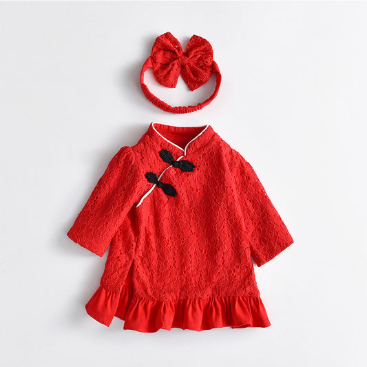 Z23111701女童秋裝長袖洋裝女寶寶歲禮服裙女小童紅色網紅洋氣過年裙子