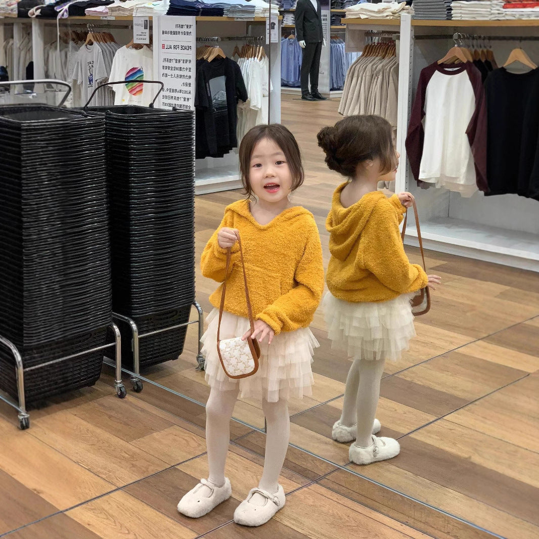 CG25103004春女童休閒軟糯黃色連衫+燈光風層半身蛋糕紗裙