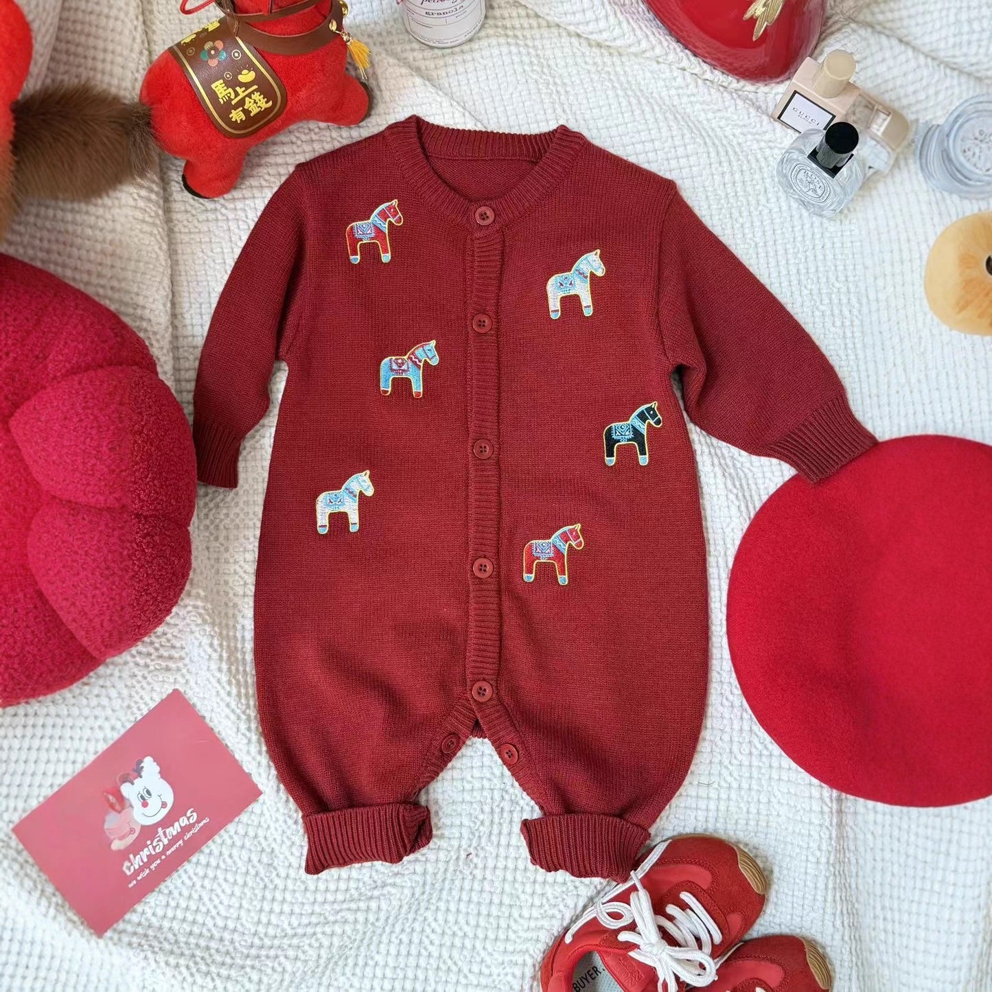 L26010605親子裝冬季毛衣一家三口過年紅色小馬聖誕旦新年母子炸街全家裝