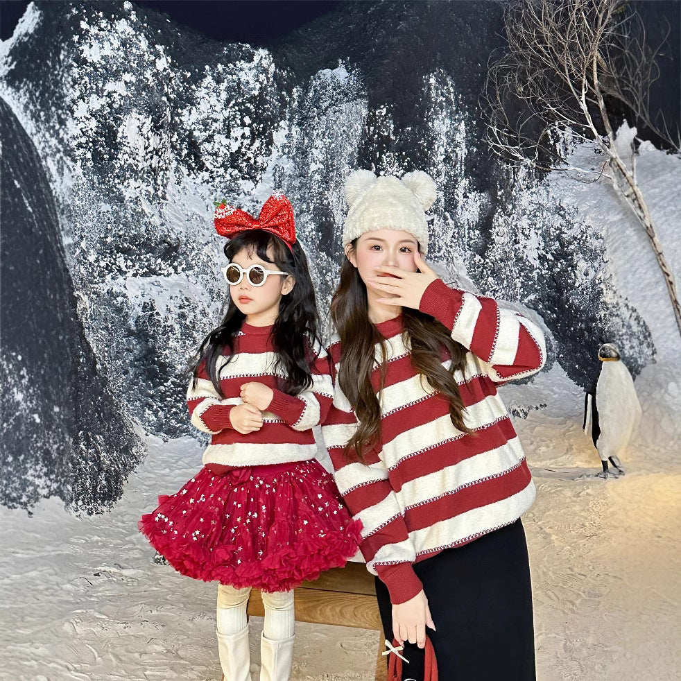 L26010601過年親子裝秋冬新款三口新年親子母女裝寶寶條紋紅色喜慶毛衣