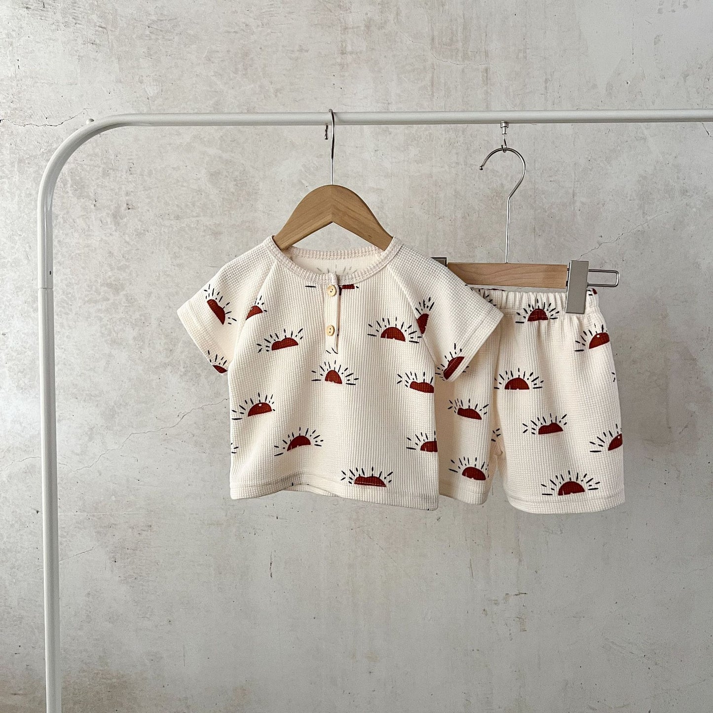 GF25061708丹麥風兒童純棉百搭套裝嬰兒幼童華夫格印花休閒短袖開襟褲兩件套