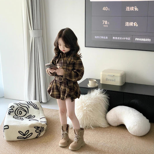 CG25103012秋裝女童復古氣質翻領襯衫咖啡格紋襯衫+花短褲配襯衫套裝