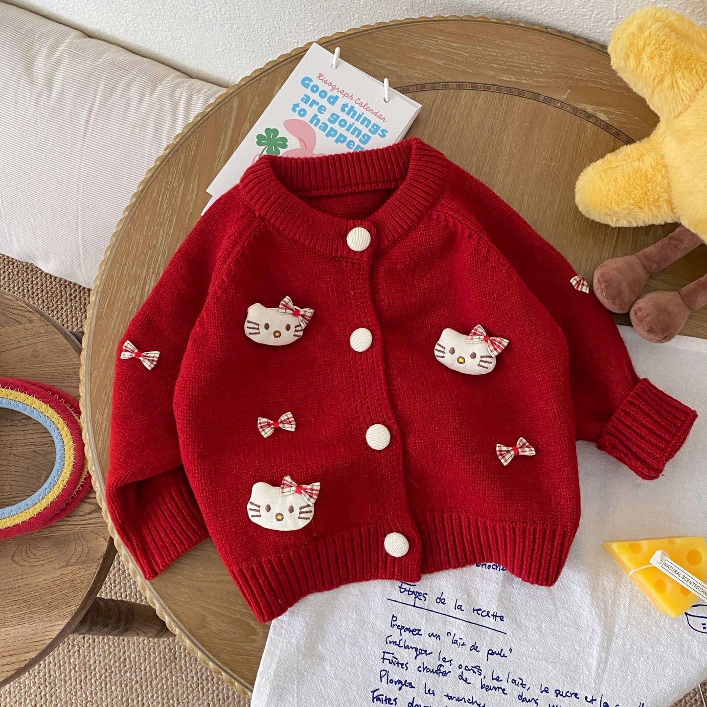 G25092512嬰兒女孩童裝可愛針織毛衣卡通貓咪洋氣單排扣秋冬季開襟外套