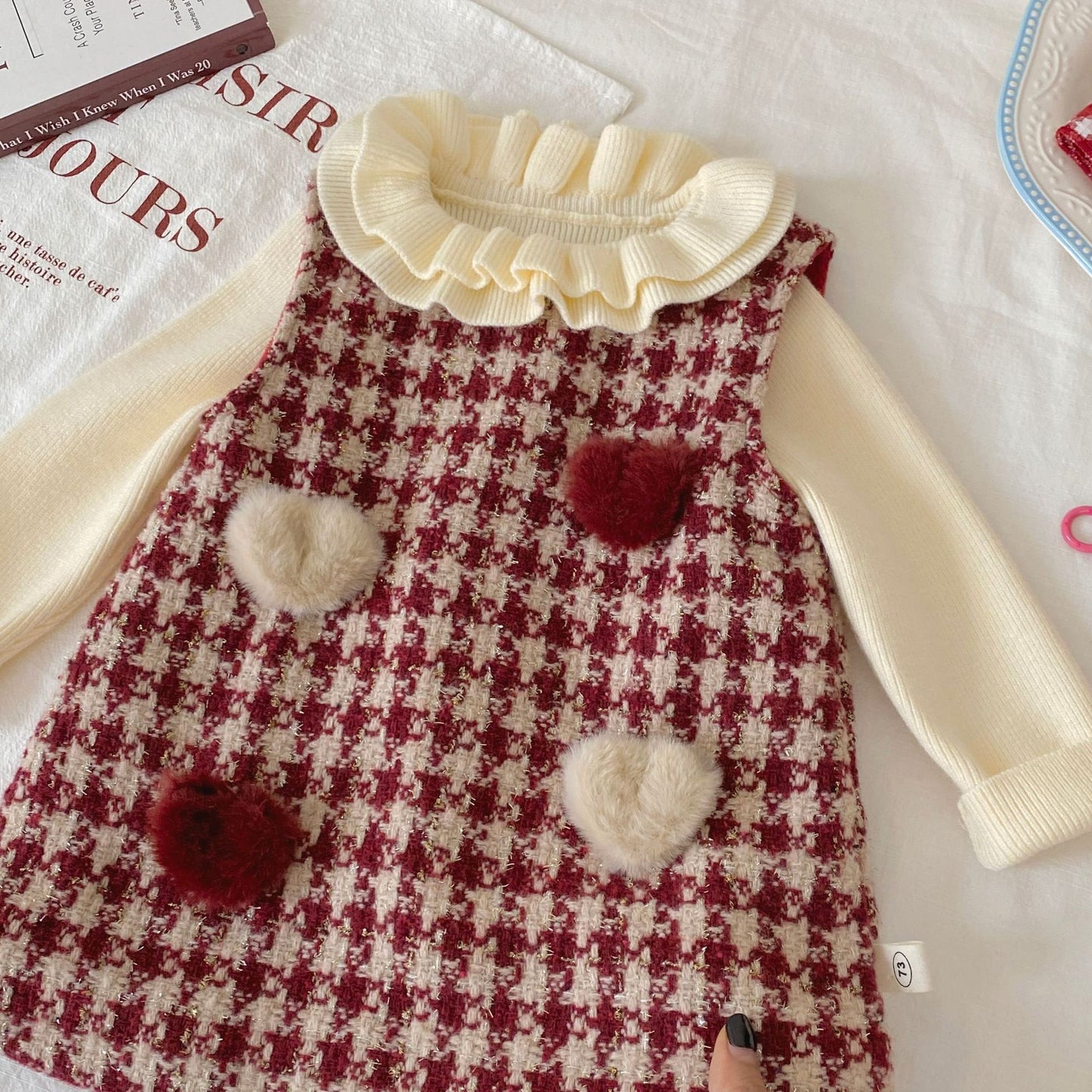 G26010110女童加絨背心裙冬季韓版寶寶加厚格紋愛心兒童裙