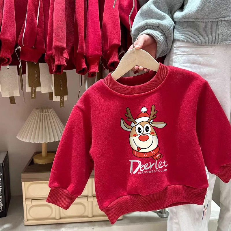 CA25112714加絨兒童裝圓領衛衣秋冬2025新款百搭喜紅色慶聖誕過年服保暖上衣