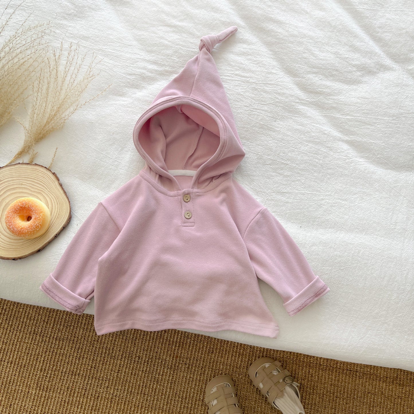 GR260829010韓版2026春裝嬰兒上衣男寶寶巫師帽女童條紋長袖連帽可愛純色裙子(預購商品,下單後7天出貨)