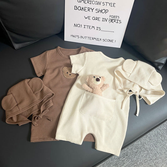 Z25022323嬰兒連身衣夏季華夫格小熊寶寶衣服嬰幼童短袖連身爬服外穿服