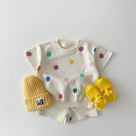 GB23080344 韓版ins嬰幼童寶寶可愛卡通休閒套裝夏款潮範短袖T恤短褲兩件套